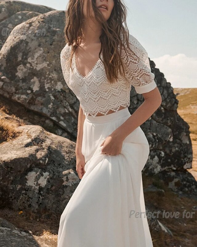 Qcenkeren-Vestido de noiva feminino com decote em v, vestido de noiva elegante, vestido de noiva israelita, manga curta, 2021