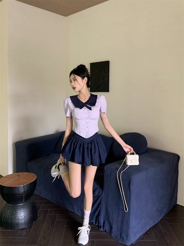 Academy style JK suit women's slim fit shirt top summer high waisted A-line short skirt half skirt two-piece set
