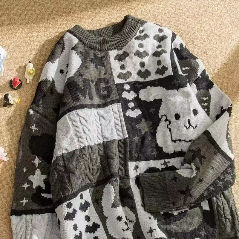 Винтажный свитер с мультяшным милым Кроликом, Женский Осенний теплый Свободный пуловер с накидкой для пары в японском стиле, вязаный пуловер в ленивом стиле, новинка 2022