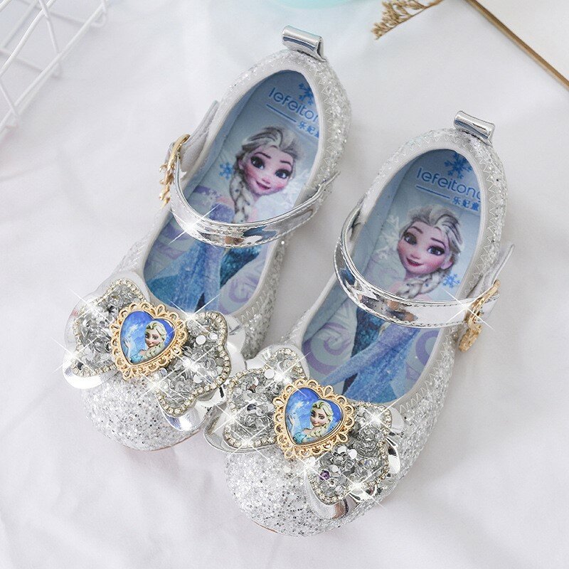 Sandales princesse Elsa pour filles, chaussures de fête pour enfants, brillantes, plates