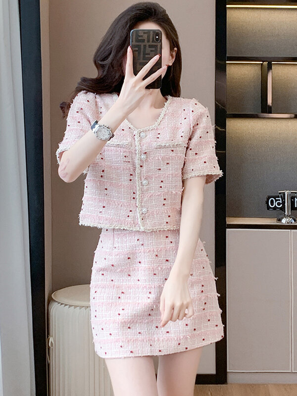 High Quality 2024 Small Fragrant Two Piece Set Women Tweed Sweet Pink Short Sleeve Jacket Coat + Mini Skirts Elegant Outfits