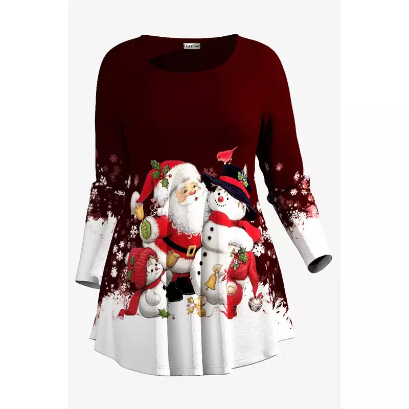 Plus Size Kerst Casual Bordeauxrode Geplooide Print Met Ronde Hals En Lange Mouw Geplooid T-Shirt