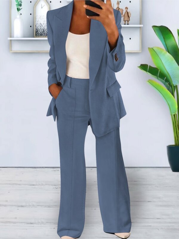 Blazer de manga larga de Color liso para mujer, traje informal Simple con bolsillo, pantalones de oficina a la moda, conjunto de 2 piezas, Otoño e Invierno