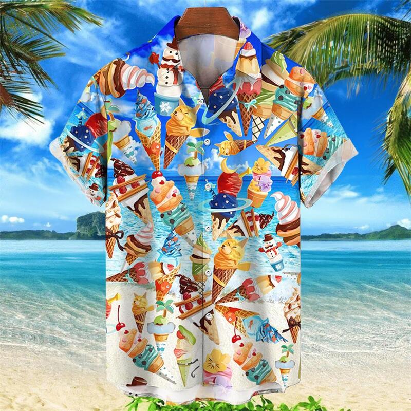 남성용 하와이안 셔츠, 아이스크림 프린트 셔츠, 스페인 반팔 탑, 여름 스트리트웨어, 트렌디 비치 파티, 사교 의류