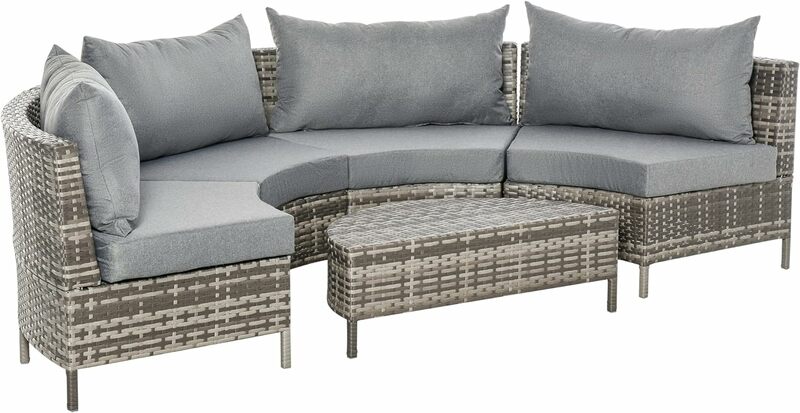 Sofá Seccional de media luna para exteriores, muebles de mimbre de PE con sofá de Patio, mesa y cojines, gris, 5 piezas