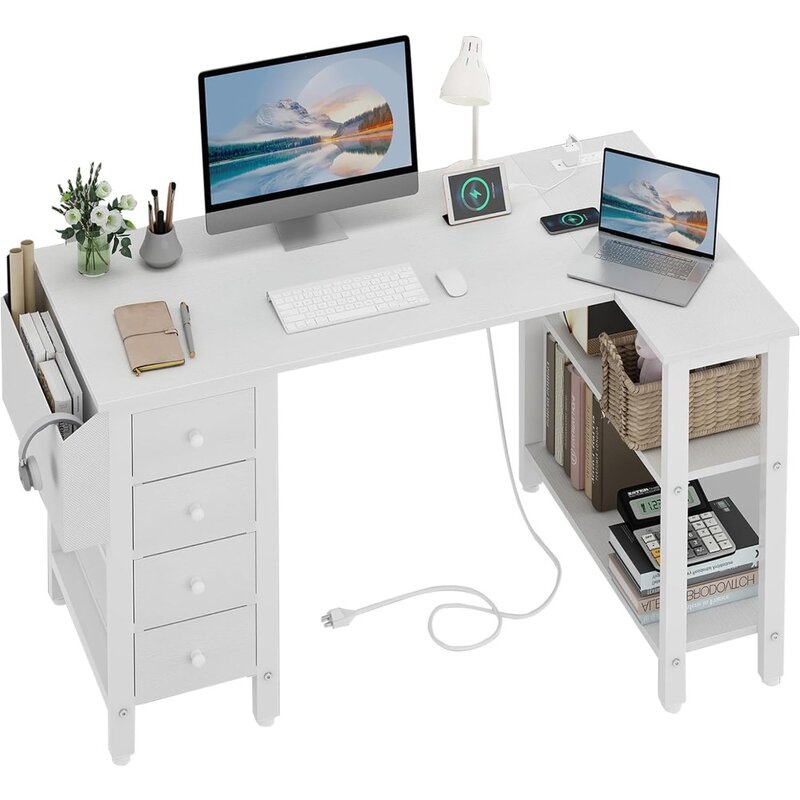 Escritorio de ordenador en forma de L con cajones y estantes de almacenamiento, escritorio de esquina de 47 pulgadas con toma de corriente para el hogar y la Oficina