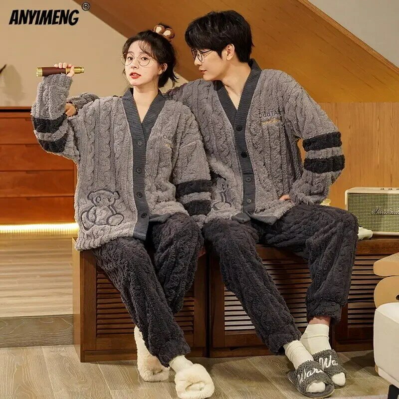 Winter Thick Teddy Thermal Velvet Pajamas Set for Couple Kawaii Kimono Style Lovers Sleepwear Man and Woman Cardigan Pijamas