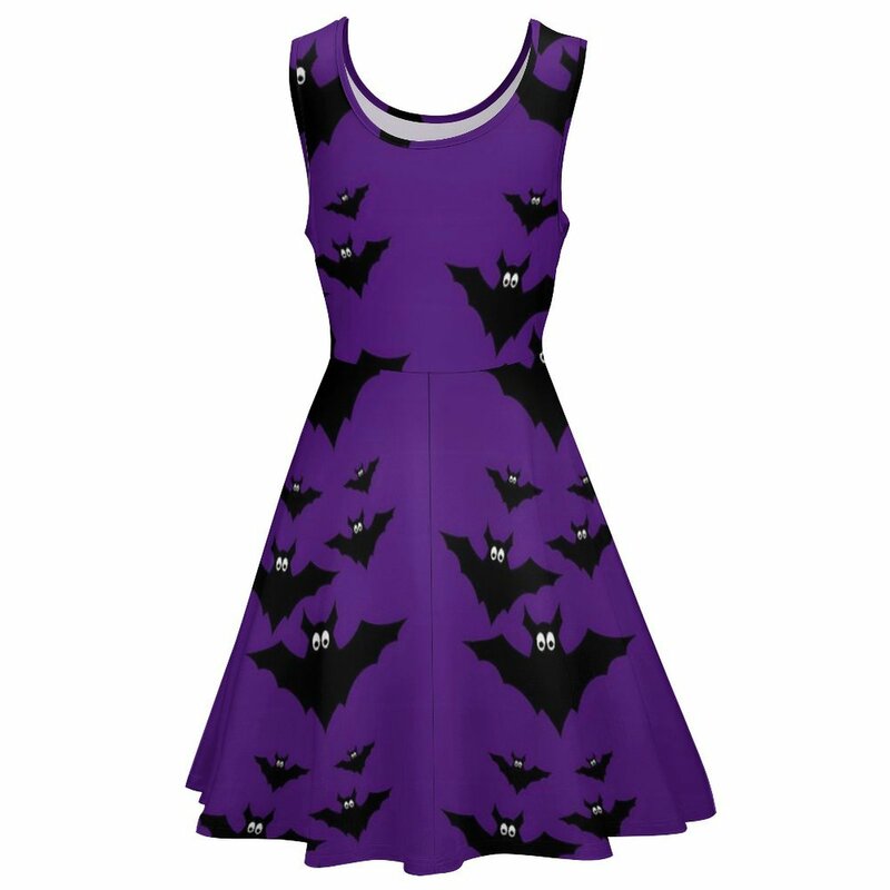 Halloween vestido de negro y morado para mujer, ropa informal con estampado de murciélagos voladores, talla grande