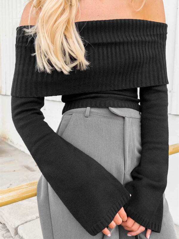 CHRONSTYLE Women Slash Neck Knitted Sweaters Tops Streetwear Long Sleeve Off Shoulder Ribbed Pullovers Slim Fit Causal Jumpers