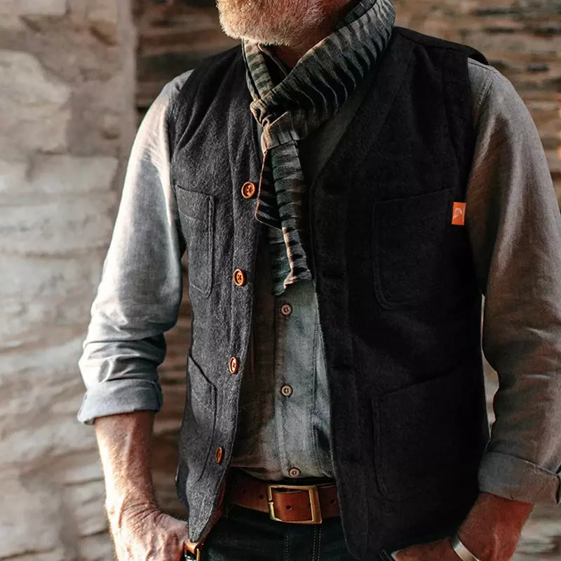 Vintage Westen Herren ärmellose V-Ausschnitt Einreiher Weste Jacke für Männer Frühling Mode Patchs Taschen Design Weste Mantel Mann