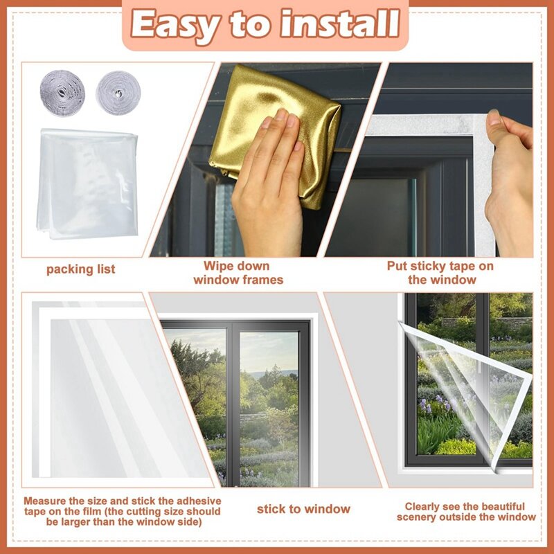Window Insulation Kit Cuttable Transparent Film With Adhesive Straps Winter Reusable Window Plastic For Winterizing