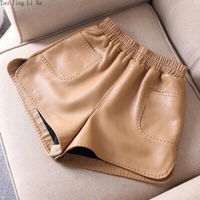 Tao Ting Li Na Genuine Sheep Leather Shorts Women New Loose A-Line High Waist Wide Leg Real Leather Shorts J30