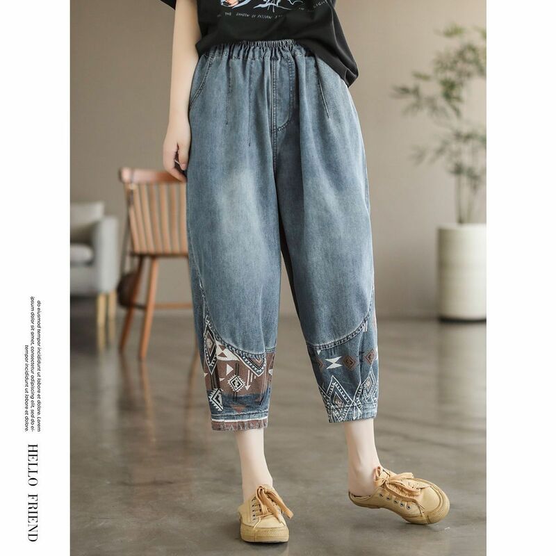 Celana panjang Denim longgar wanita, Jeans longgar cetakan Retro Vintage pinggang elastis Tinggi Musim Panas 2024