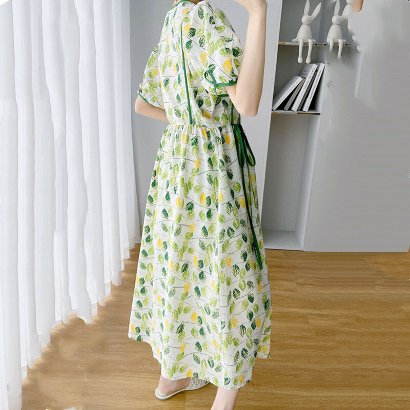Maternity Long Dresses Summer Clothes For Pregnant Women 2023 New Cute Fresh Elegant Print V-neck Lacing Pregnancy Dress