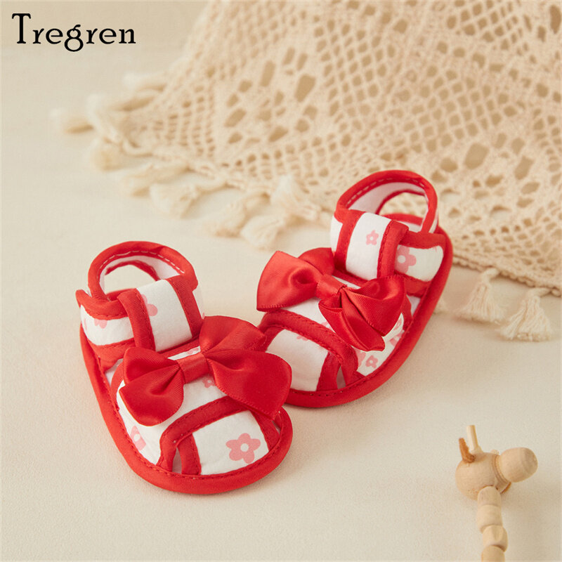 Tregren 0-12 Months Newborn Baby Girl Sandals First Walkers Shoes Floral Print Big Bow Cutout Soft Sole Summer Home Casual Shoes