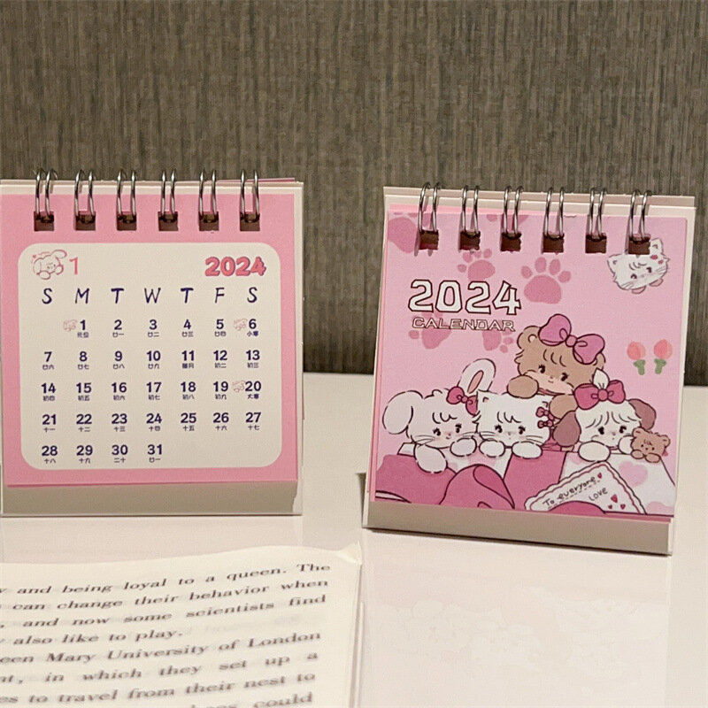 Kalender kucing merah muda kartun 2024 perlengkapan sekolah kantor buku kalender kumparan catatan meja Mini penyegar dan meja minimum