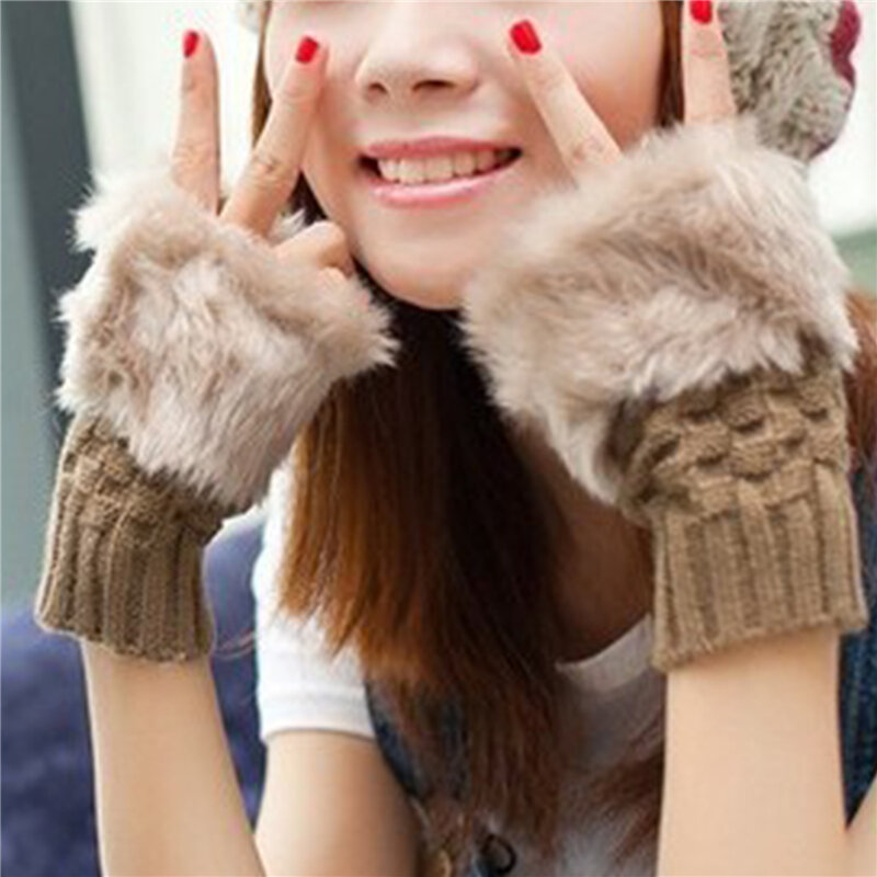 Sarung tangan pendek untuk wanita, sarung tangan rajut setengah jari tanpa jari modis hangat kualitas rajut mewah manis musim dingin untuk wanita