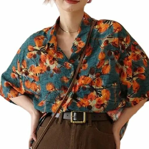 Camisa con estampado de flores para mujer, Camiseta corta Retro de vacaciones, suelta e informal, ropa Vintage Y2K, blusas de verano