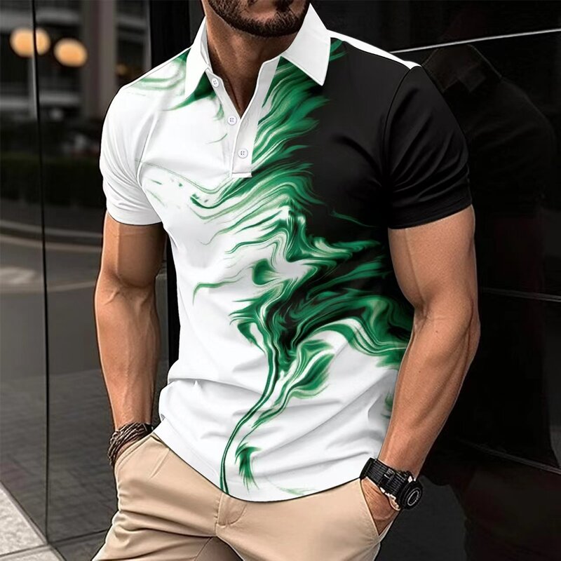 Polo de manga corta para hombre, camiseta informal con estampado pintado, botón de solapa, top de moda, ropa de verano, novedad
