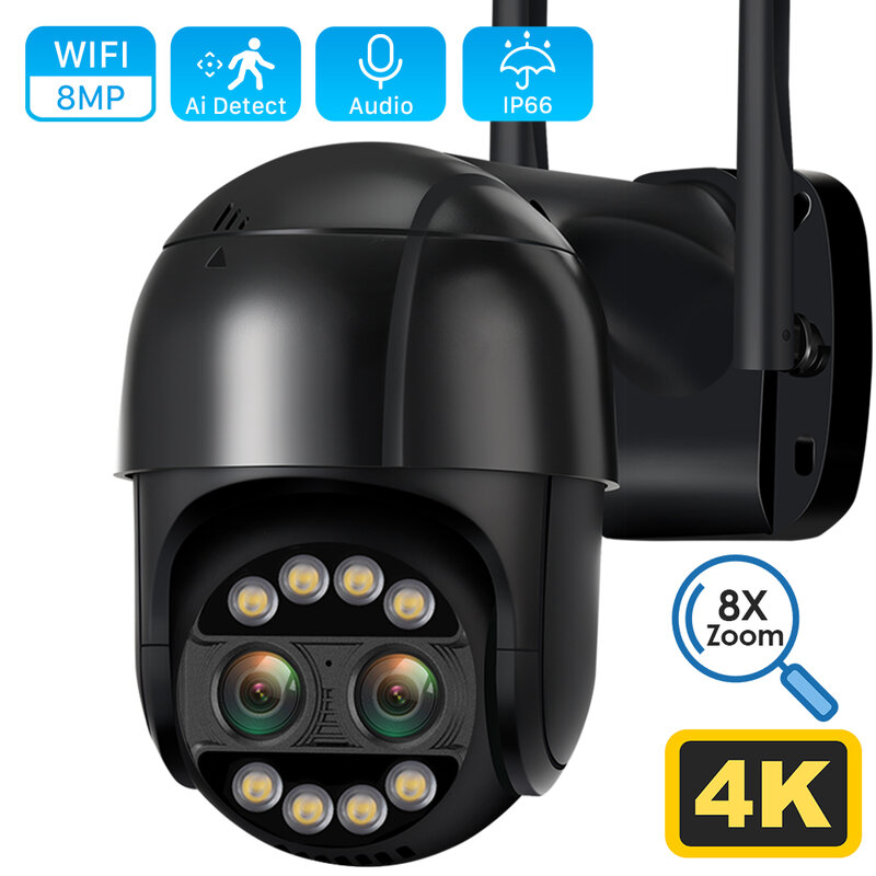 IP-камера видеонаблюдения, 8 Мп, 4K, 2,8 мм + 12 мм, двойной объектив, 8X Гибридный зум, PTZ, Wi-Fi, датчик присутствия, 4 МП, аудио, P2P