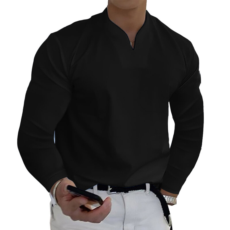 Camiseta casual com gola V masculina, manga comprida, ajuste justo, gola, blusa de escritório, tops de negócios, camiseta formal, roupas masculinas, quatro estações