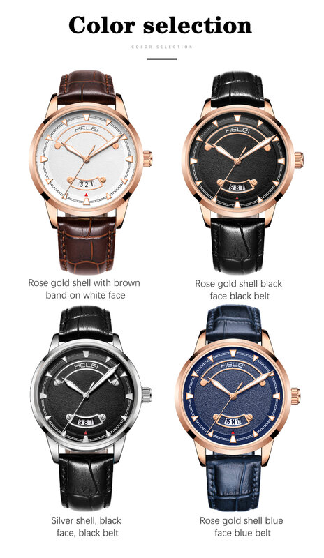 HELEI Fashion new sports casual quartz watch date luminous genuine leather strap men's wristwatch