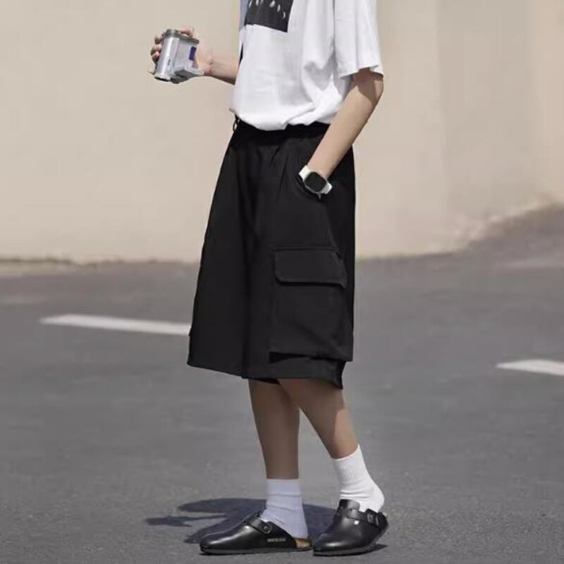 Szorty Cargo mężczyźni całkowicie dopasowane z kieszenią w stylu Streetwear letnie styl japoński rekreacyjne miękkie codzienne spodnie proste luźne do kolan