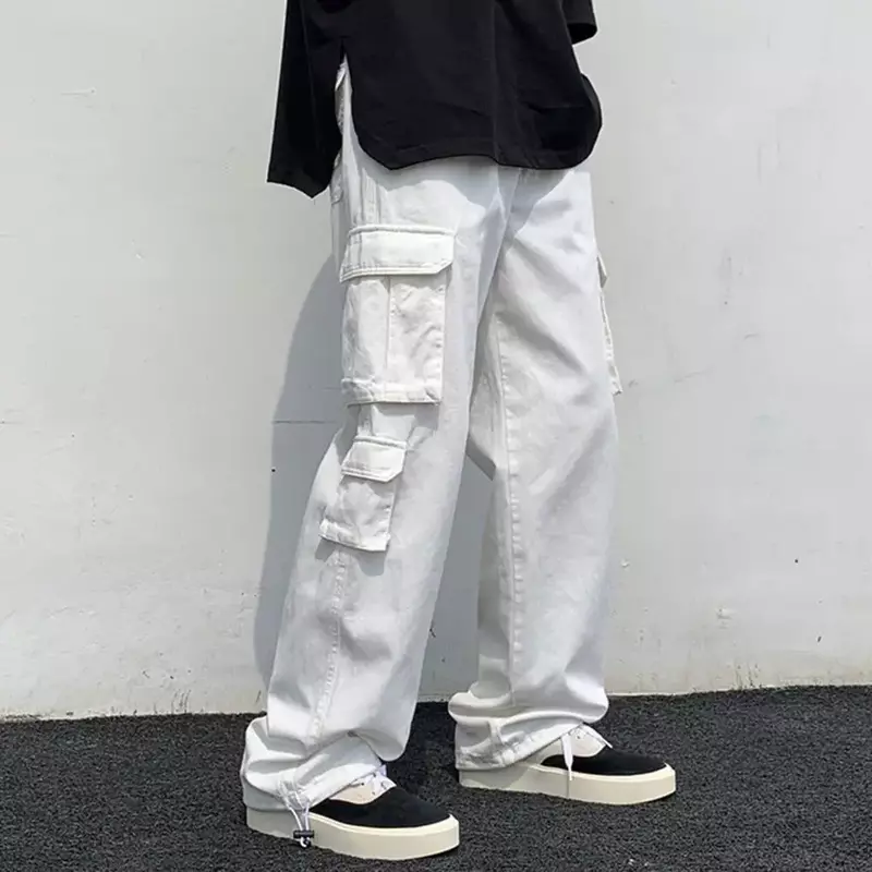 Męskie spodnie bojówki w jednolitym kolorze luźny wzór w styl hiphopowy bioder wiele kieszeni elastyczny męskie spodnie bojówki w talii