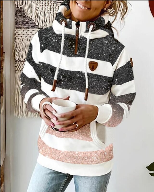 Camisola de manga comprida feminina com capuz, listrada, ombre, design de bolso, elegante, estilo urbano, outono, inverno, 2023