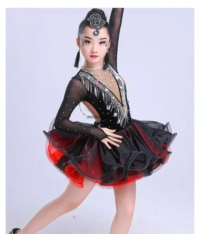 Gaun dansa Latin anak perempuan, gaun dansa Latin profesional warna hitam merah, gaun Tango punggung terbuka untuk anak perempuan
