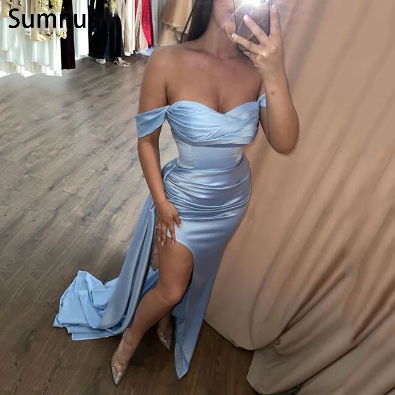 Sumnus Sky Blue Falten Formaly Abendkleid Meerjungfrau Weg Von Der Schulter Side Split Schatz Prom Kleider Dubai Celebrity Kleider