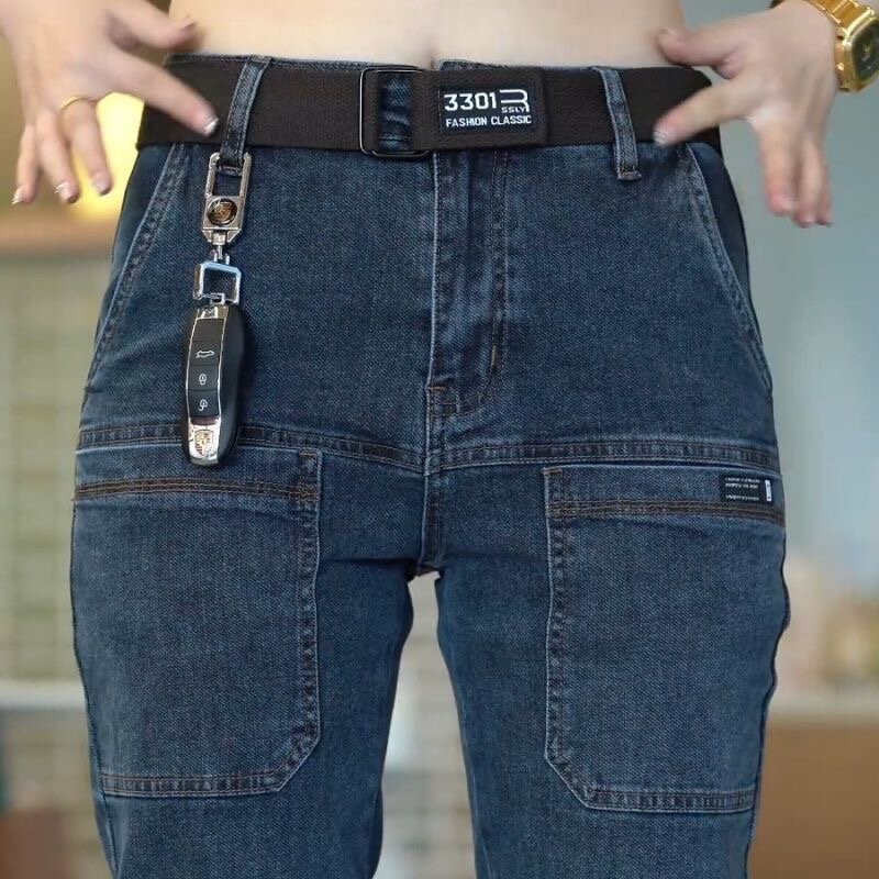 กางเกงยีนส์ยืดขาตรงสำหรับผู้ชายกางเกงคุณภาพสูงระบายอากาศ Comfort ลำลองสีทึบ2024ฤดูใบไม้ผลิและแฟชั่นแบบใหม่ในฤดูใบไม้ร่วง
