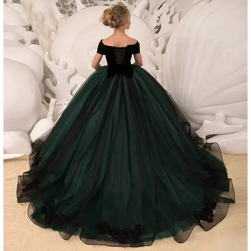 Princess Flower Girl Dresses Puff Sleeves Off The Shoulder Floor Length A Line Organza Girl Party Dresses Kids Pageant Gown