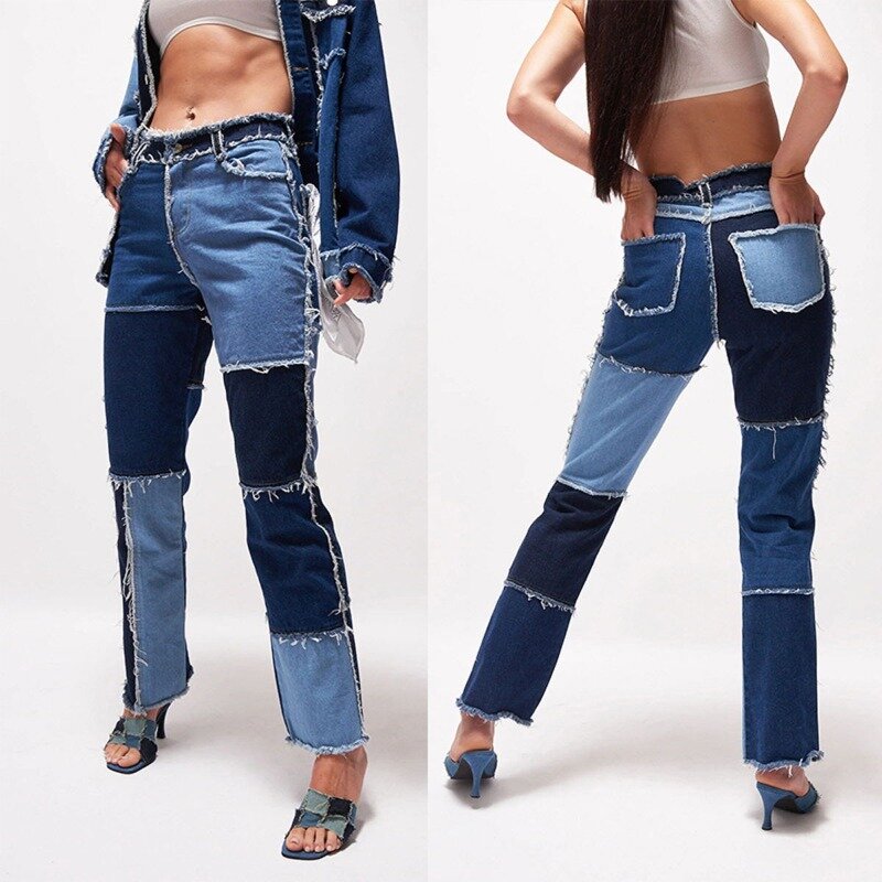 Calças jeans de cor contrastante feminina, cintura alta, quadril apertado, calças largadas, patchwork, moda europeia e americana, 2023
