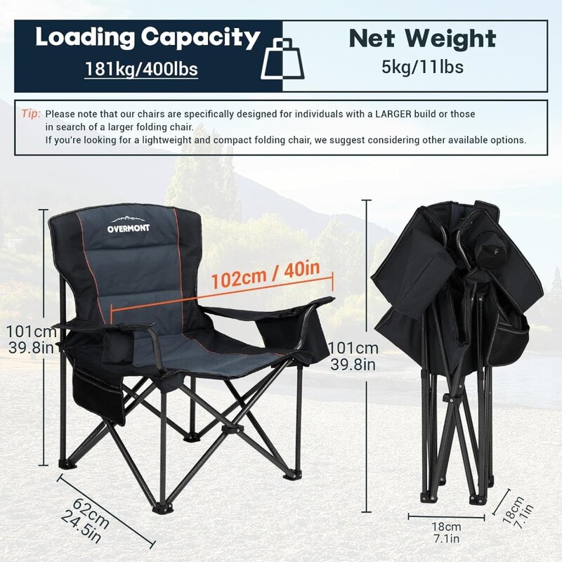 Cadeira de acampamento dobrável com almofada acolchoada, cadeiras dobráveis resistentes, bolsos refrigeradores, suporte, pacote de 2