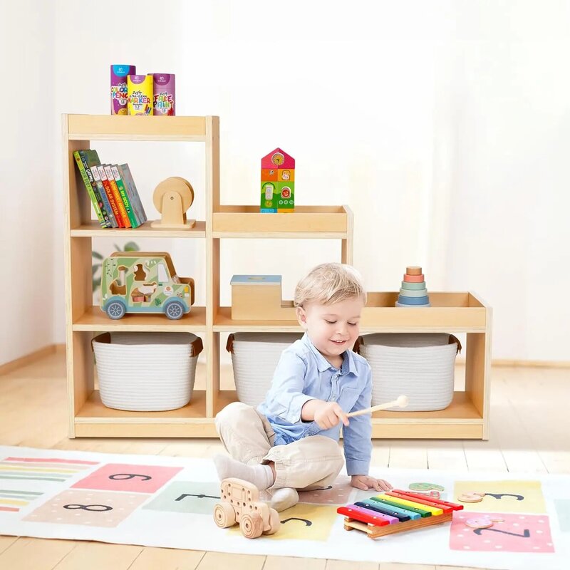 Scaffale e portaoggetti per giocattoli, libreria compatta per bambini per piccoli spazi, scaffali per armadietti in legno e libreria per bambini per l'aula