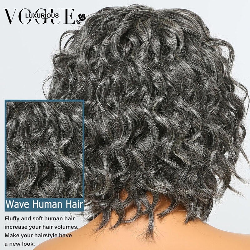 Wig pendek rambut manusia berwarna lada garam gelombang dalam air 4X4 5X5 Wig Brasil tanpa lem potongan Pixie penutupan renda sebelum dipetik