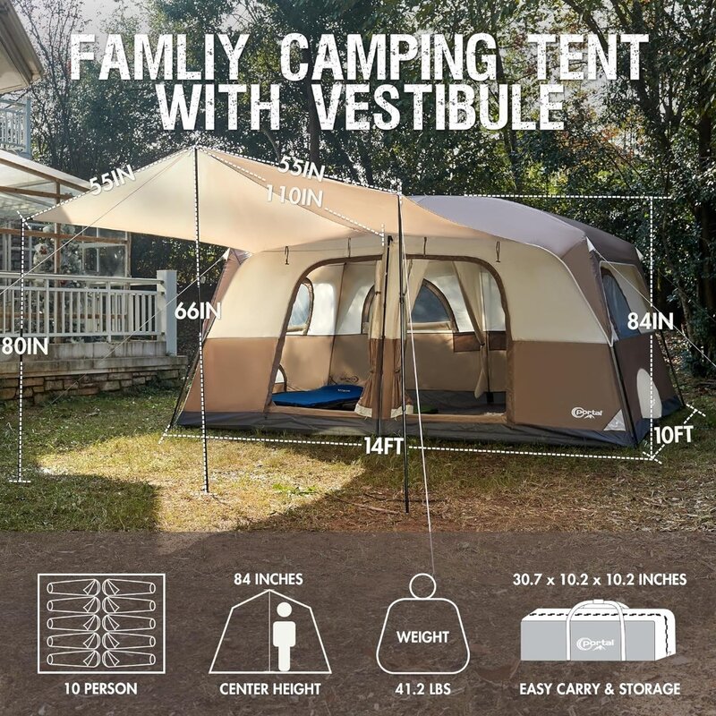Tenda PORTAL 10 orang berkemah dengan teras, tenda kabin keluarga besar dengan 2 kamar, 2 pintu, untuk berkemah, luar ruangan, tahan air