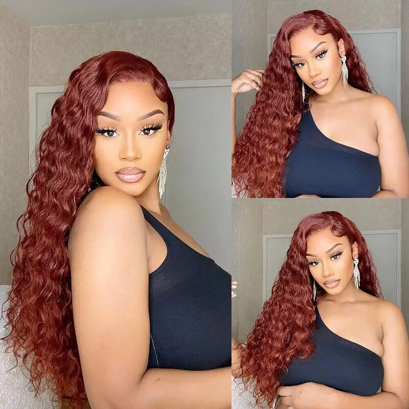 Reddish Brown Curly Human Hair Wig 13×4 HD Lace Front Human Hair Wig Reddish Brown Deep Wave Wig with Baby Hair 180% Density