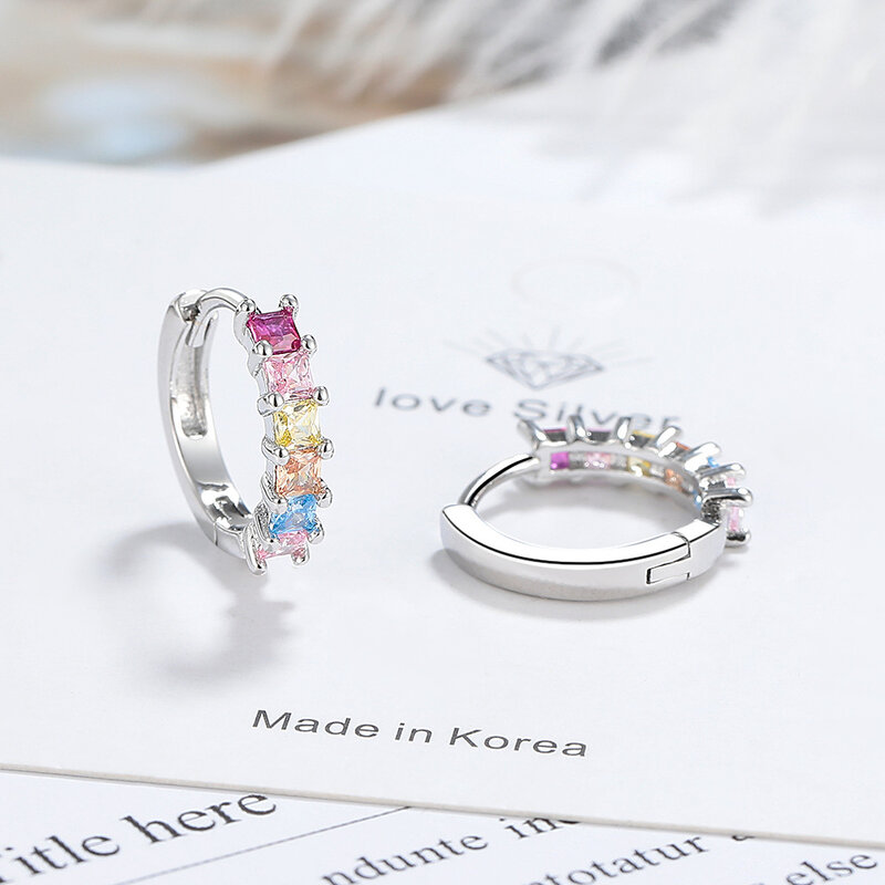 925 Sterling Silver Geometric Rainbow Zircon Crystal Hoop Earrings for Women Female Jewelry Wedding Party Gift Aretes De Mujer