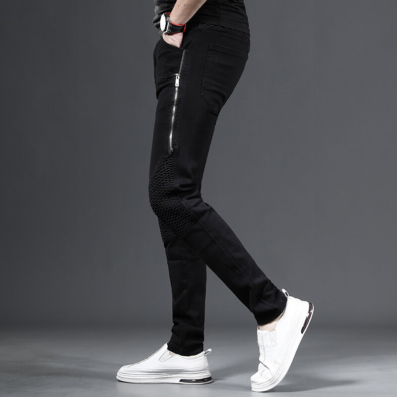 Estilo coreano calças de brim preto dos homens calças de ajuste fino streetwear casual zíper retalhos denim cp2200