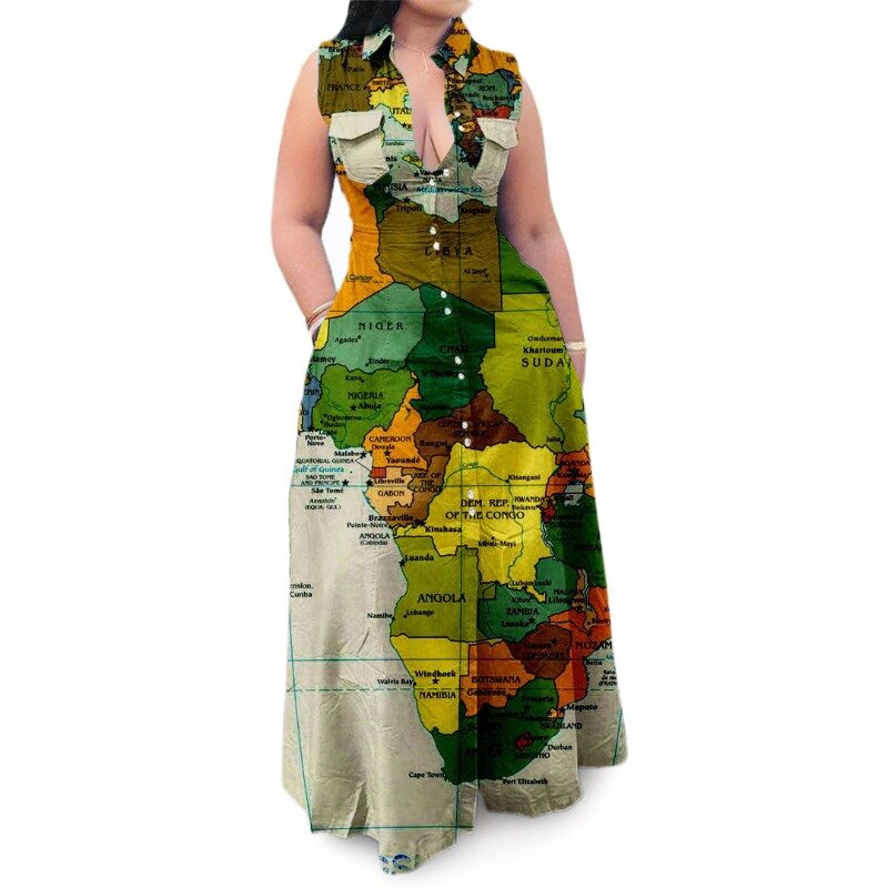 เดรสยาวขนาดใหญ่พิเศษสำหรับผู้หญิงเดรสแฟชั่นฤดูร้อนเสื้อคอปกแขนกุดพิมพ์ลายแผนที่ลำลอง