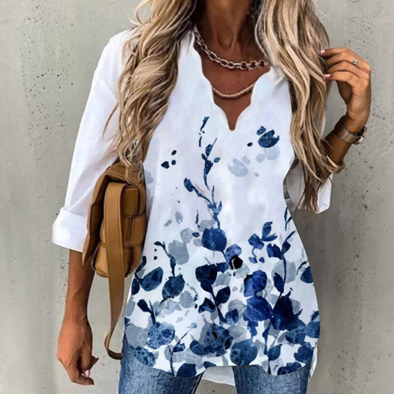 2022 novo outono feminino blusa pulôver floral impressão camisas de grandes dimensões onda com decote em v elegante doce manga longa casual solto topos senhora