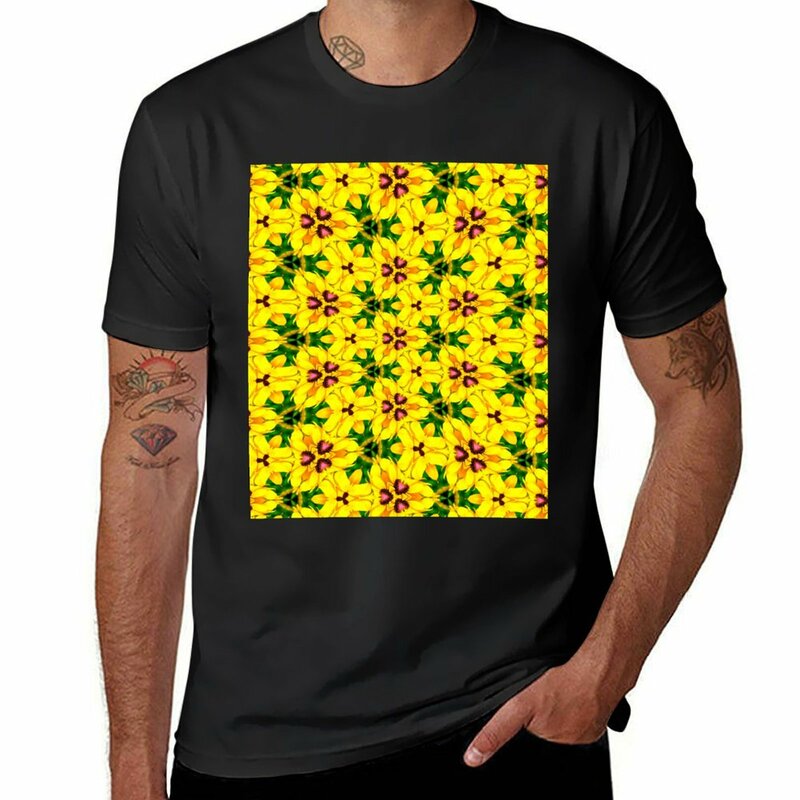 노란색 Coneflower 패턴 티셔츠, 한국 패션, 미적 의류, 블라우스, 남성 의류