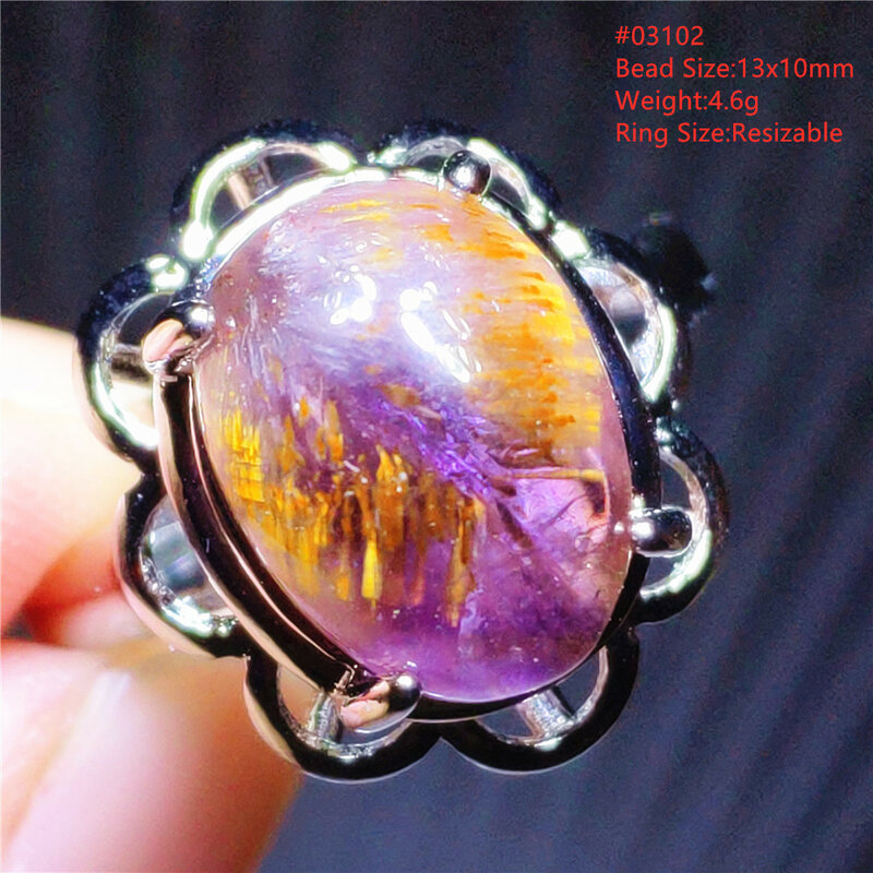 Natural Cacoxenite Purple Gold Rutilated Adjustable Ring Red Auralite 23 Ring 925 Sterling Silver Oval Rare Healing AAAAA
