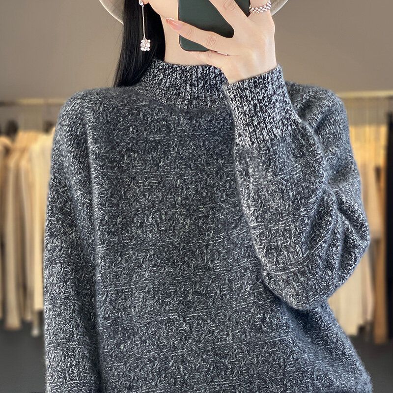 2024 новые женские вязаные кашемировые свитера с воротником средней высоты, легкий и мягкий высококачественный утолщенный свободный и теплый пуловер