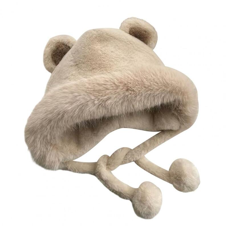 Chapéu de pelúcia grosso feminino com orelhas de urso fofas, chapéu felpudo, alça com cordões à prova de vento, proteção de orelha, exterior, outono, inverno