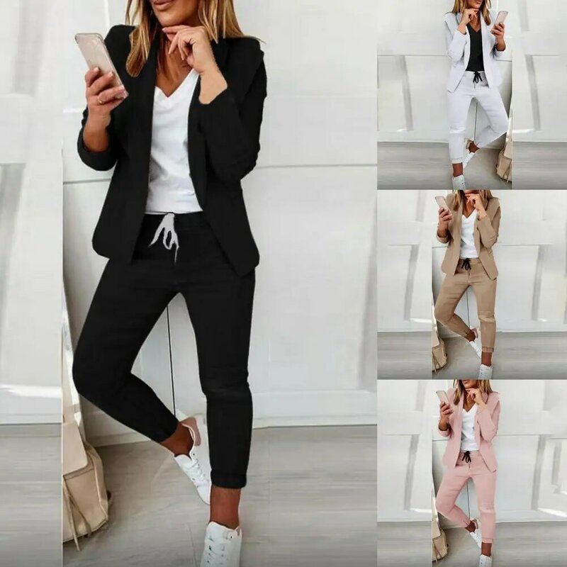 1 Set Blazer Trousers  Solid Color   Formal Suit Set Open Stitch Blazer Elastic Waist Trousers