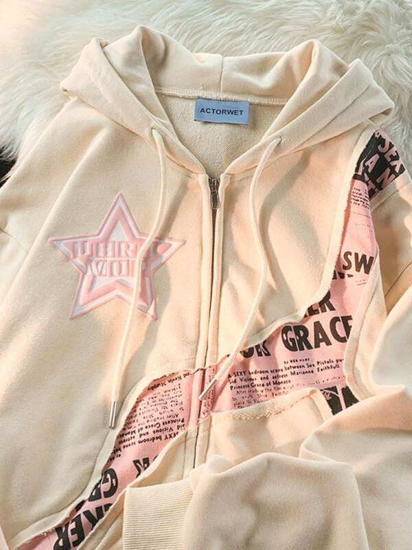 Deeptown-Vintage feminino zip up hoodies, moletons com impressão Harajuku Hip Hop carta, streetwear gótico, tops soltos de retalho, casacos Y2K