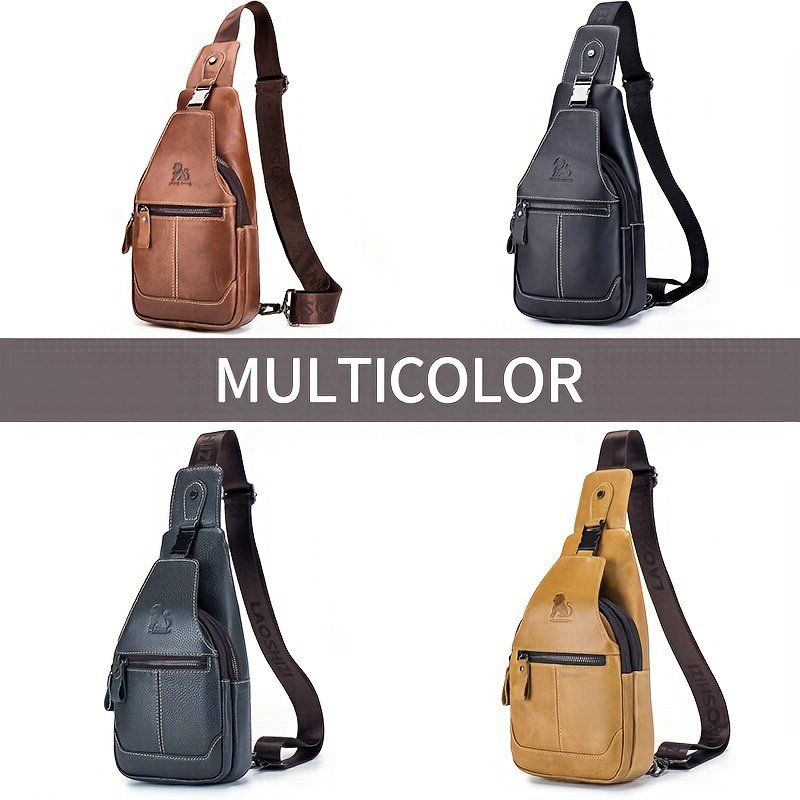 Vintage Style Men Genuine Leather Chest Bag Single Shoulder Large Capacity Multi-Compartment with Adjustable Strap Daily Commute